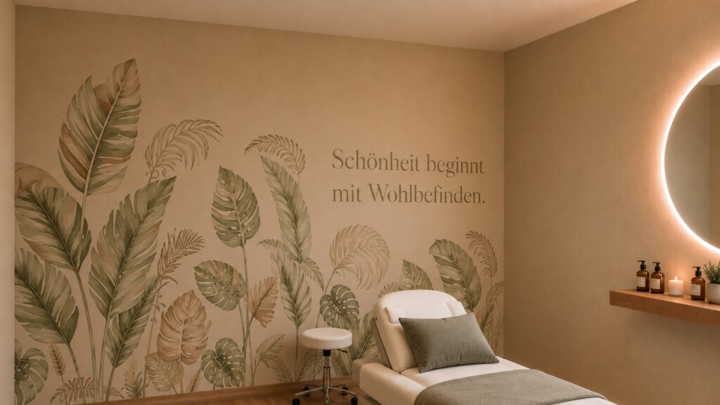 Sala de atendimento com ilustração botânica, frase em alemão, maca branca e espelho redondo iluminado. Design de interiores comercial em Nuremberg