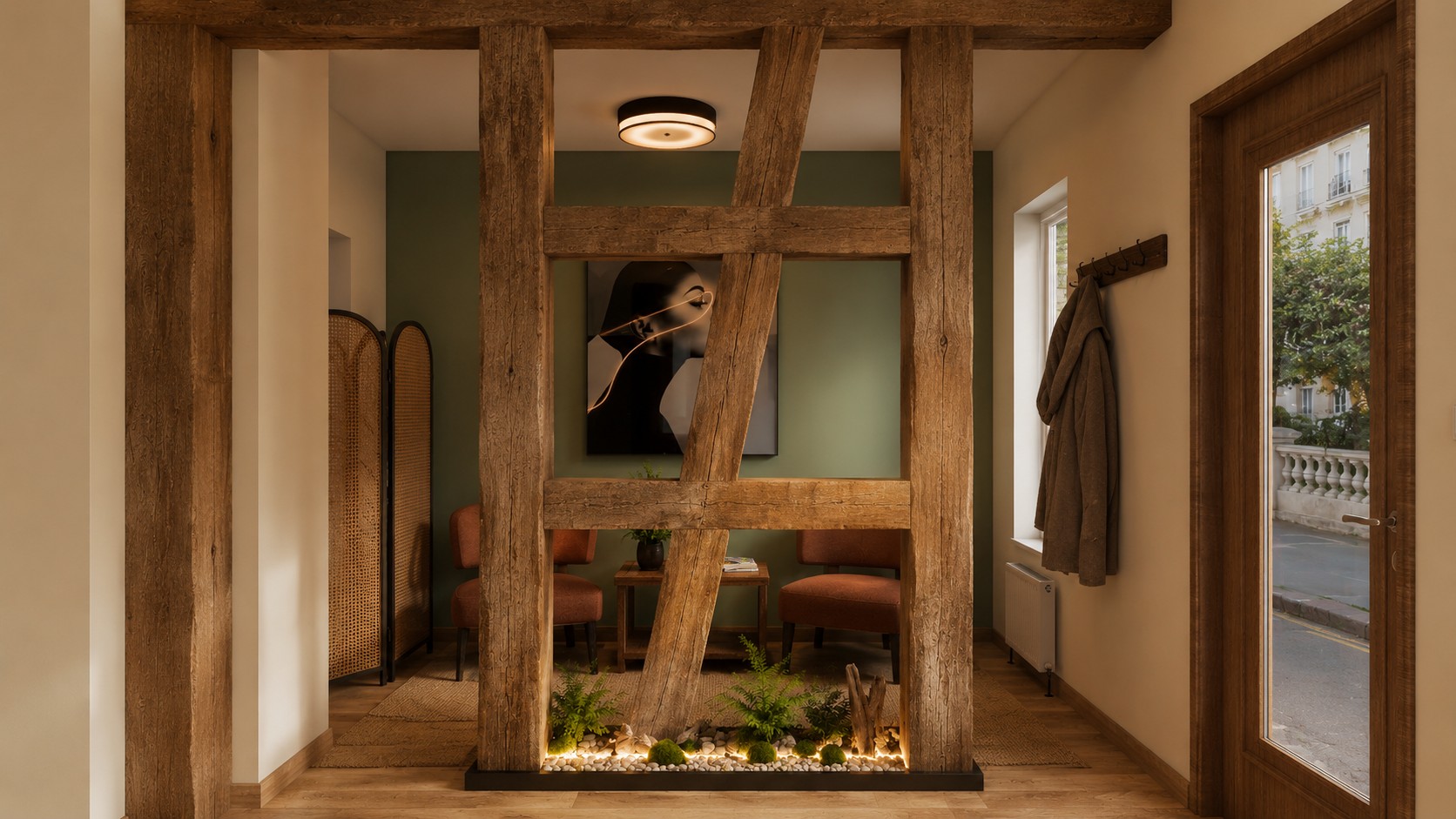 Sala de espera do Du & Ich vista através de uma estrutura de madeira, com poltronas terracota e parede verde. Design de interiores em Nuremberg Studio Du & Ich 5- Recepção -2aa