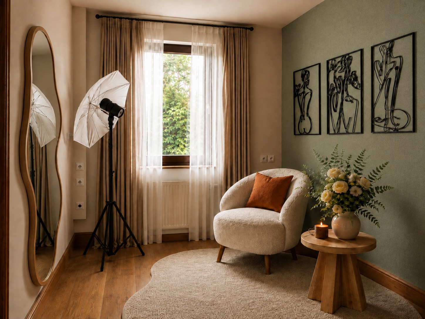 Espaço para fotografias com espelho orgânico, poltrona clara, parede verde e obras lineares no Du & Ich.. - Design de interiores em Nuremberg Studio Du & Ich 8 - Sala 3 Instagramável 1b