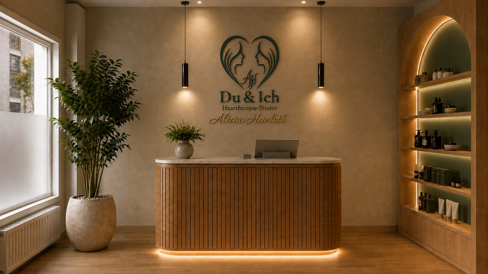 Design de interiores em Nuremberg - Recepção do Du & Ich com balcão curvo de madeira, iluminação indireta, plantas e parede com o logotipo do studio.