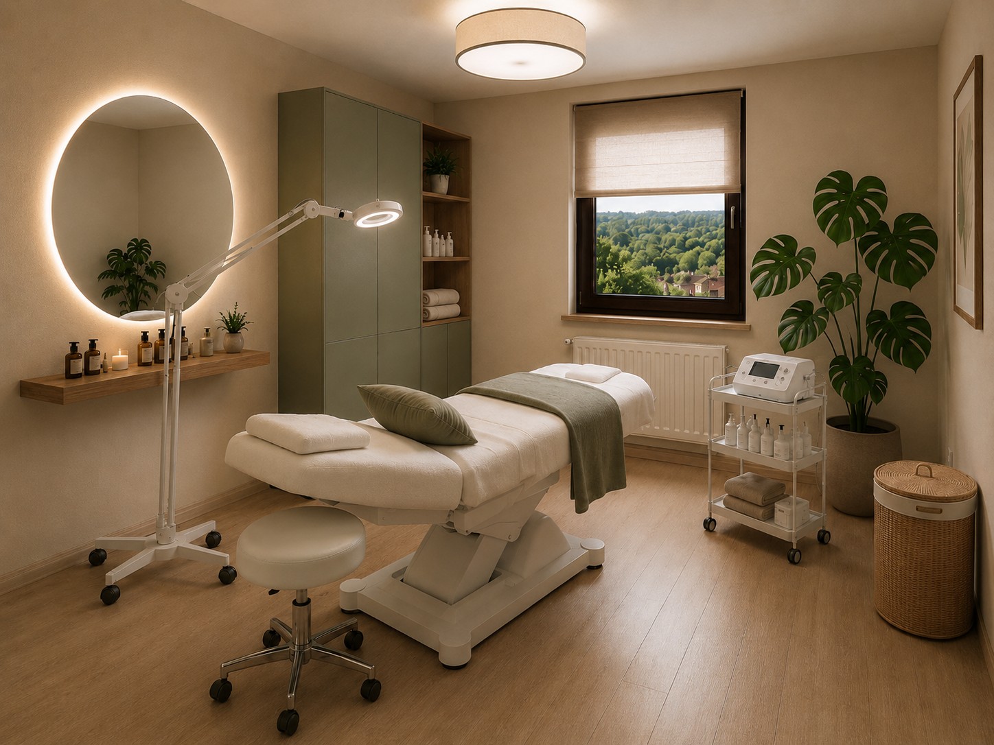 Sala de tratamento com maca, espelho iluminado, mobiliário verde-sálvia, madeira e plantas. Design de interiores em Nuremberg Studio Du & Ich - Sala 2 - 2b