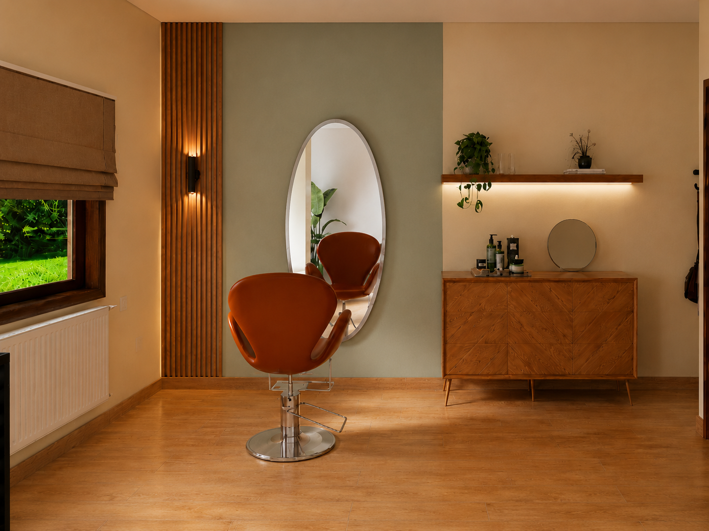 Sala de terapia capilar com parede verde, ripado de madeira, espelho orgânico e iluminação indireta.