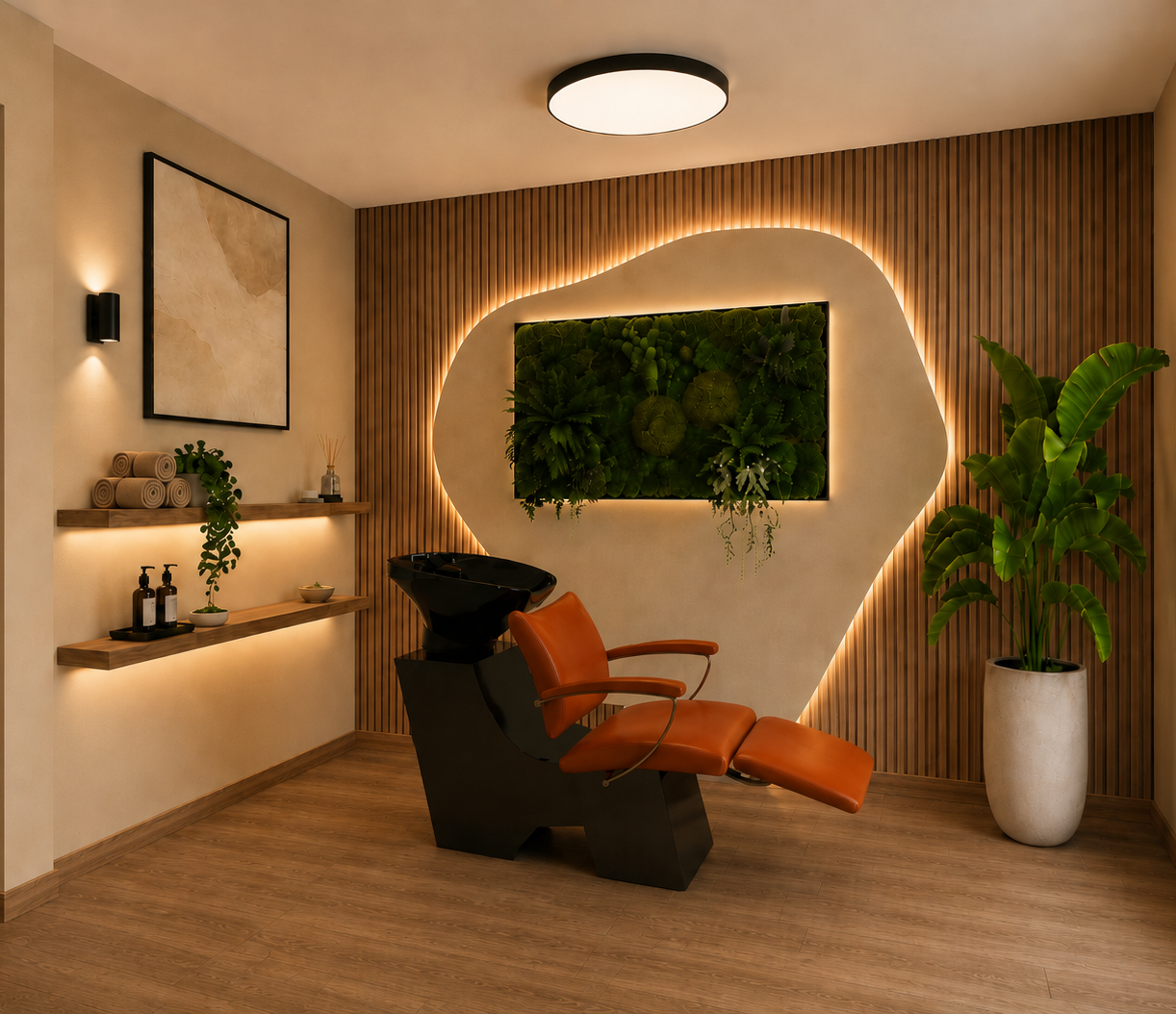 Sala de Head Spa com lavatório, painel ripado, jardim vertical e iluminação indireta no Du & Ich. Design de interiores em Nurember 33