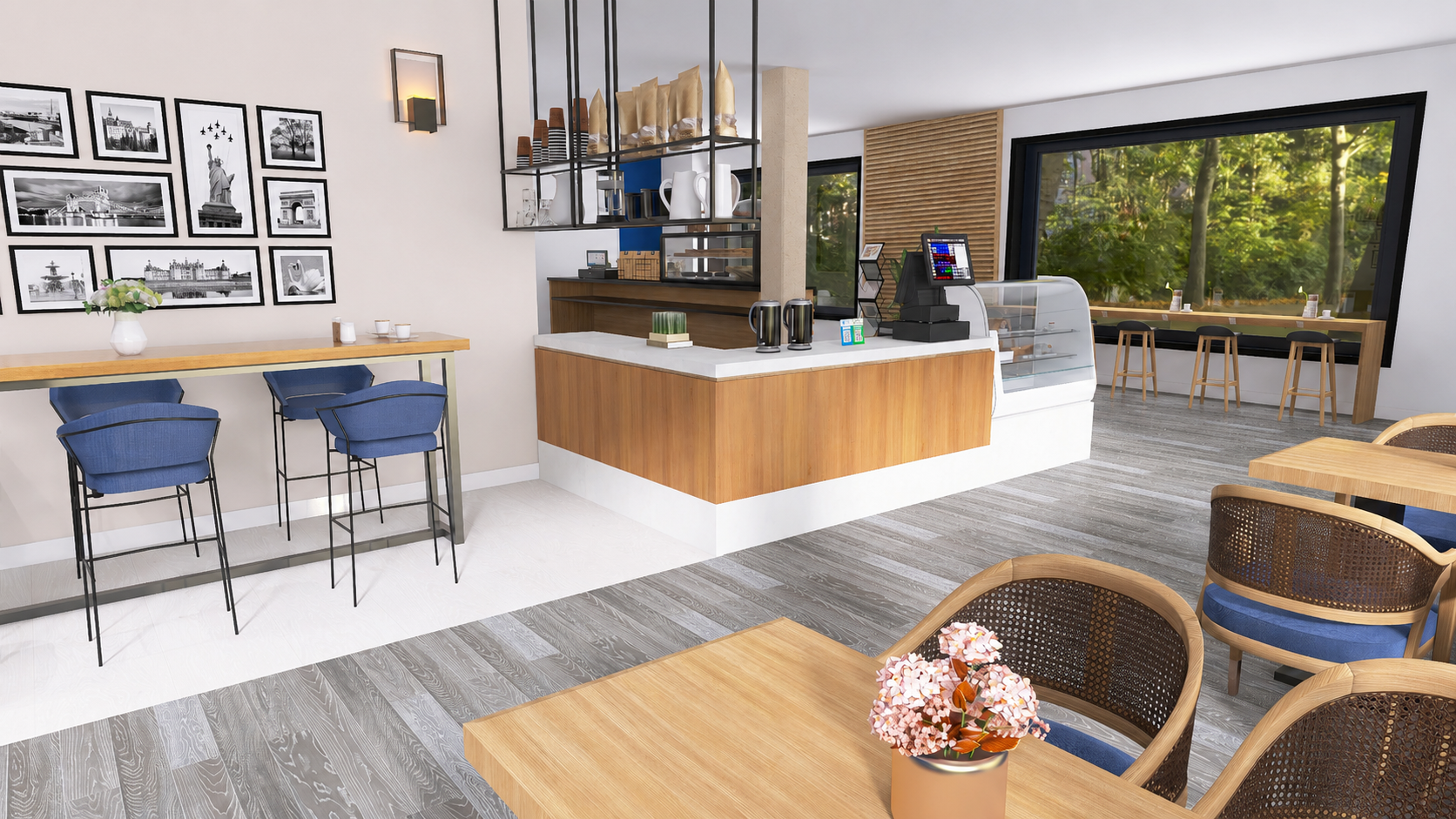 design de interiores para cafeteria em Nuremberg - 4 Mesas de madeira e cadeiras azuis junto às janelas no projeto conceitual do Blue Kaffee