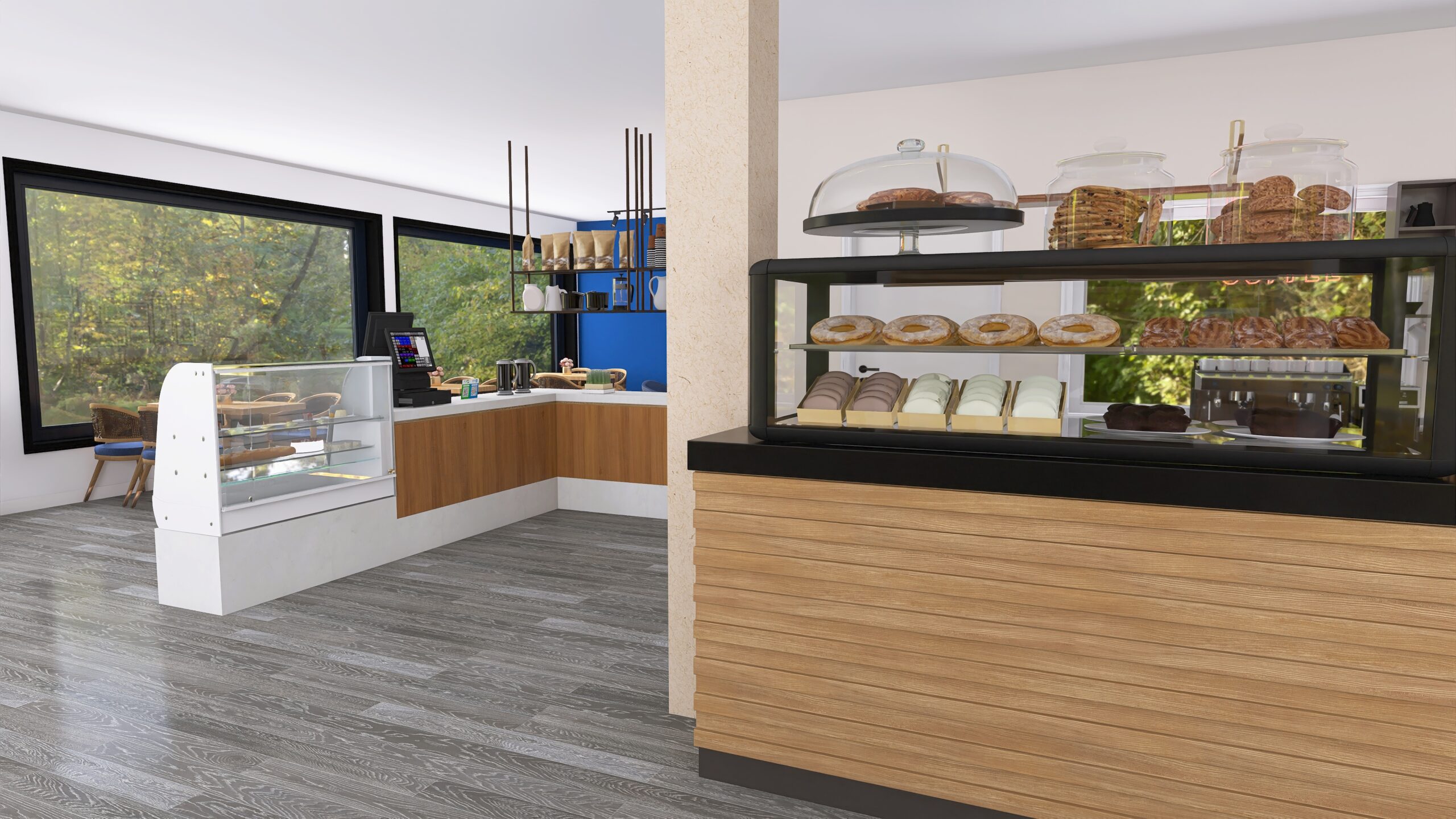 design de interiores para cafeteria em Nuremberg - 44 Vitrines de doces e balcões em madeira planejados para a área de atendimento do Blue Kaffee -