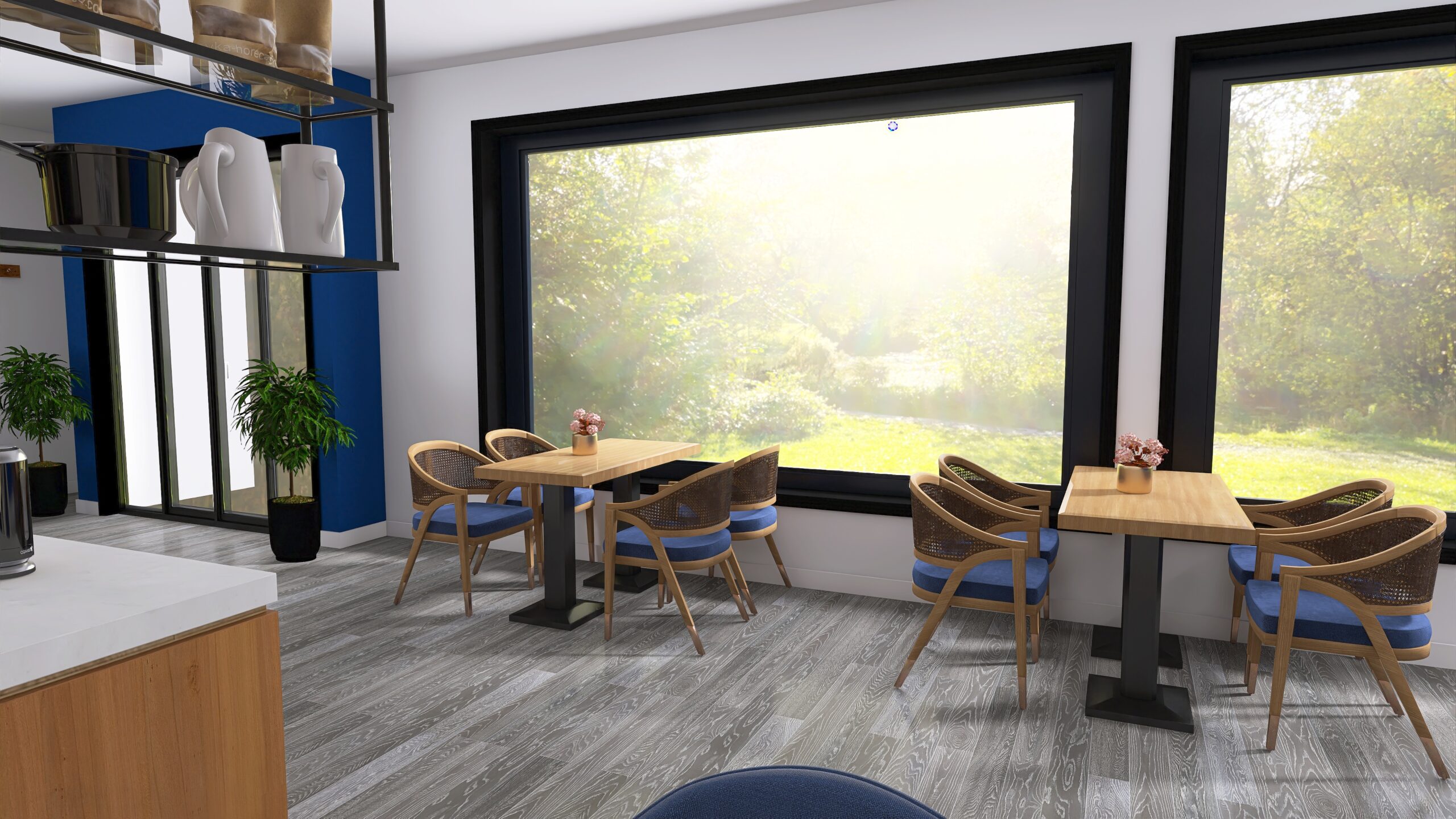 design de interiores para cafeteria em Nuremberg - 5 Bancada longa junto à janela com banquetas e vegetação no projeto conceitual Blue Kaffee