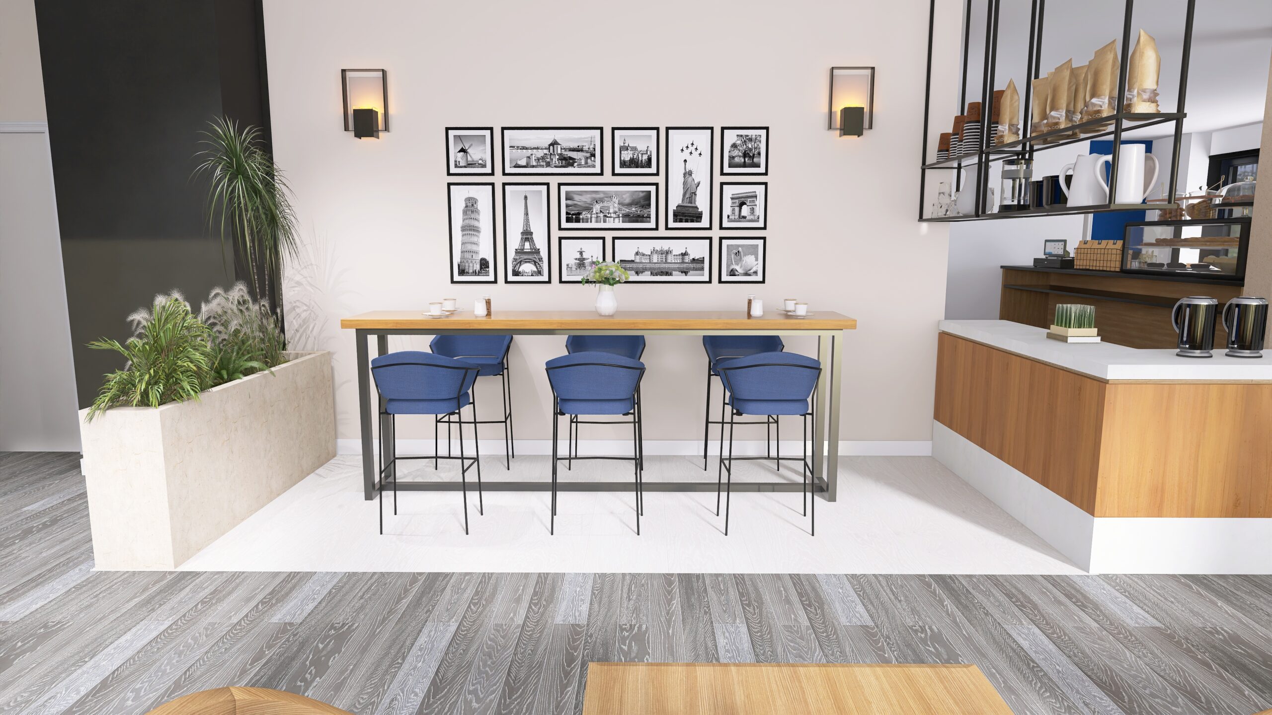 design de interiores para cafeteria em Nuremberg - 87 Mesa alta com poltronas azuis, galeria de quadros e plantas no conceito de interiores do Blue Kaffee - design de interiores para cafeteria em Nuremberg - 87