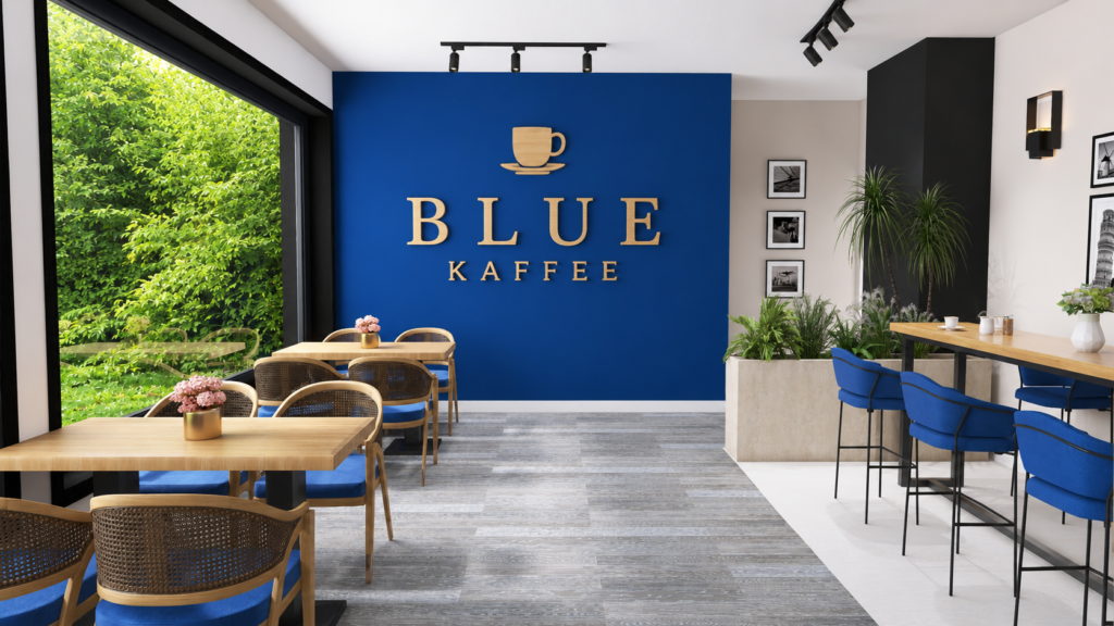Visualização 3D do Blue Kaffee com parede azul, mesas de madeira, cadeiras em fibras naturais e vegetação - design de interiores para cafeteria em Nuremberg - Blue Kaffee 1