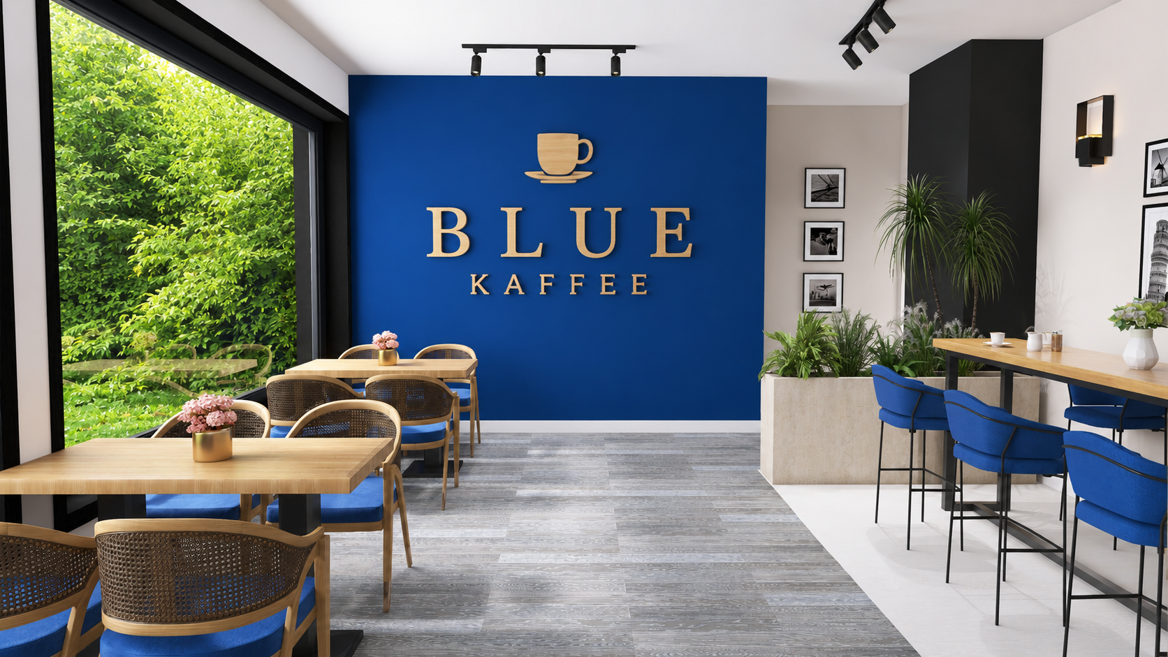 design de interiores para cafeteria em Nuremberg - Blue Kaffee 1 Visualização 3D do Blue Kaffee com parede azul, mesas de madeira, cadeiras em fibras naturais e vegetação - design de interiores para cafeteria em Nuremberg - Blue Kaffee 1