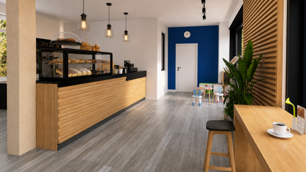 Balcão de atendimento em madeira com vitrine, iluminação pendente e área de apoio no projeto Blue Kaffee - design de interiores para cafeteria em Nuremberg - Blue Kaffee 2